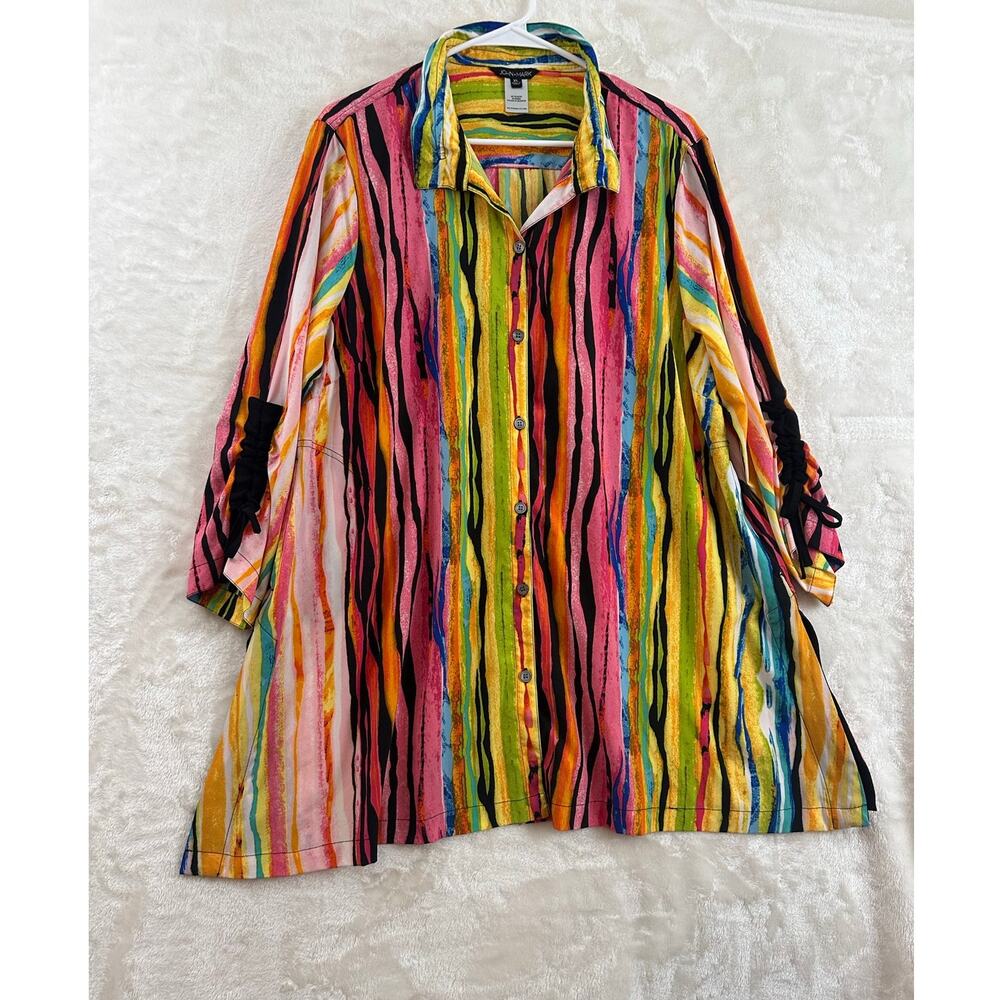 John Mark Abstract Stripe Button Top XL Pockets A-line Artsy